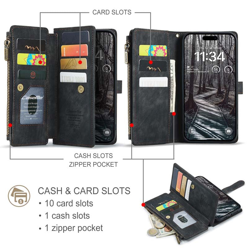CaseMe Retro Zipper Wallet Case Black