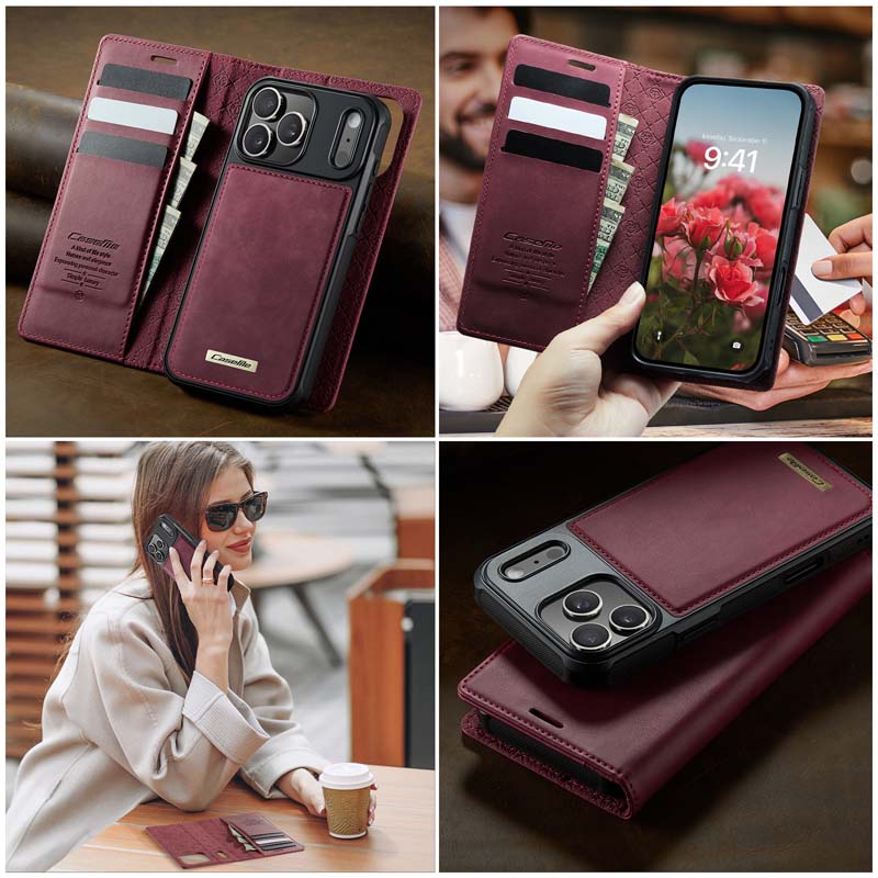 Caseme Leather Magnetic Flip Detachable Wallet Phone Case Red Wine