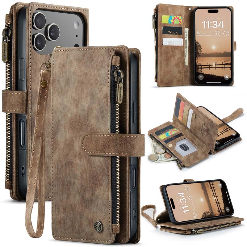CaseMe Retro Zipper Wallet Case Brown